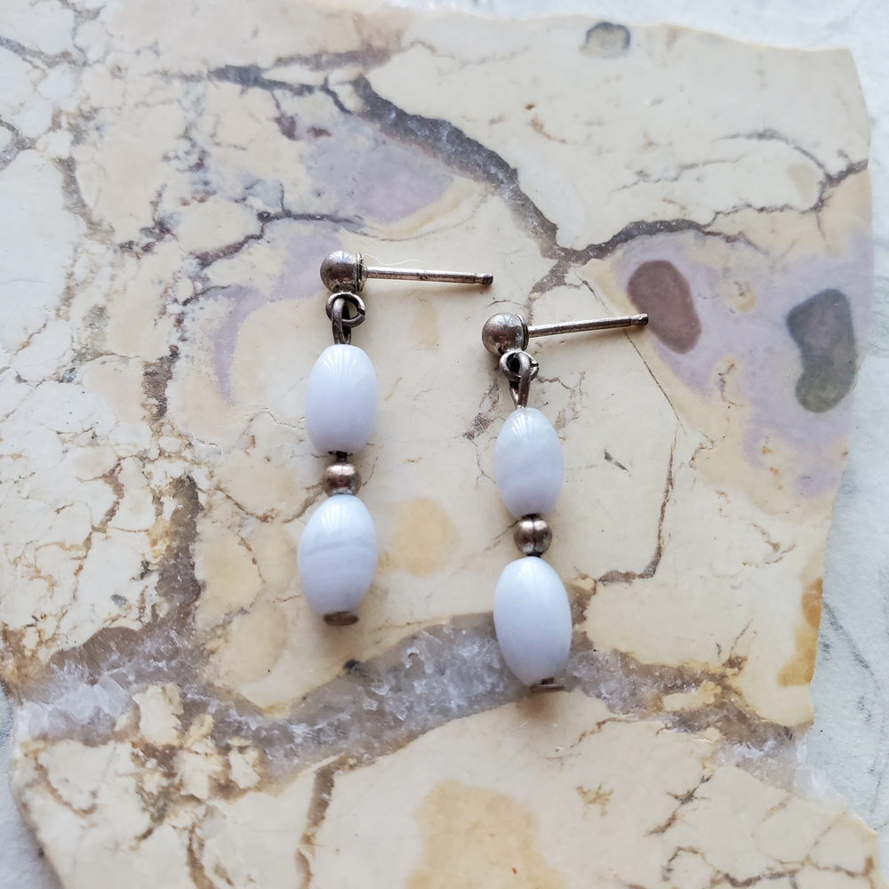 Vintage Sterling (?) Blue Lace Agate Earrings